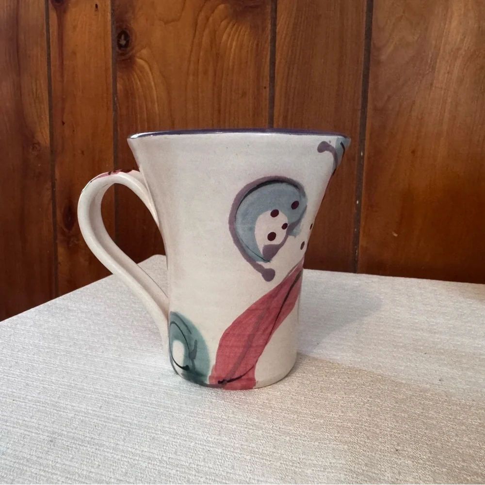 Vintage Clay & Color studio pottery mug featuring a hand-painted abstract design